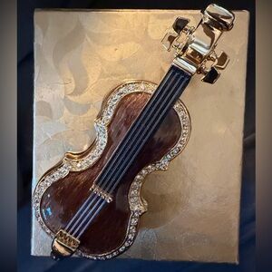 NIOB Gold and Brown Violin Hinged Magnetic Closure Trinket Box w/Crystal Accents